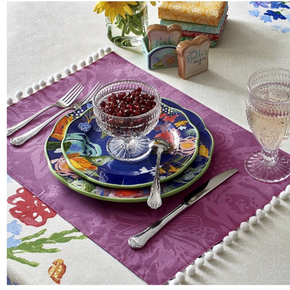 4 Pioneer Woman Placemats Celia Pom Pom 14x19 Reversible Cobalt Blue Pink Floral - Picture 5 of 9